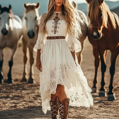 Women's Bohemian Maxi Dress Classic Western Retro Style Hollow Lace Maxi Skirt Irregular Lace Splicing Hem Women's Long Dresses