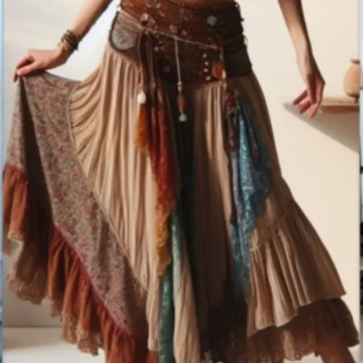Retro High Waist Patchwork A-Line Pleated Long Skirt 2024 Summer Women's Casual Skirt Elegant Street Ladies High Waist Skirt