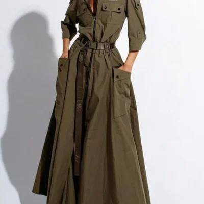 Retro Summer Maxi Dress for Women with Turn-down Collar Cold Shoulder Half Sleeve Zipper Belt Pockets Split High Waist