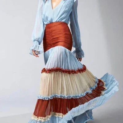 Elegant Ruffle Dress for Women Tiered A-Line Sweet Fashion Lantern Sleeve V-Neck Patchwork Layer Long Dress for Autumn 2024