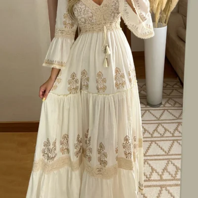 New Retro Women's Dress Floral Print Lace V-Neck Elegant Classic Flared Sleeve Holiday Maxi Dress Elegant Classics Versatility